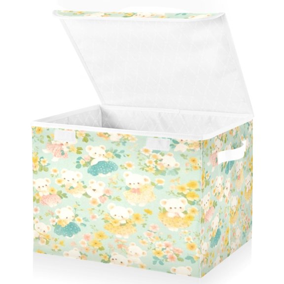 BZSMCE Storage Bin Cube Organizer Basket with Flip-Top Lid Mint Bear Floral Printed