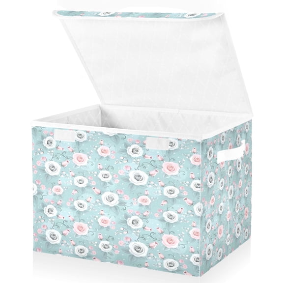 BZSMCE Storage Bin Cube Organizer Basket with Flip-Top Lid Mint Garden Whimsy Printed
