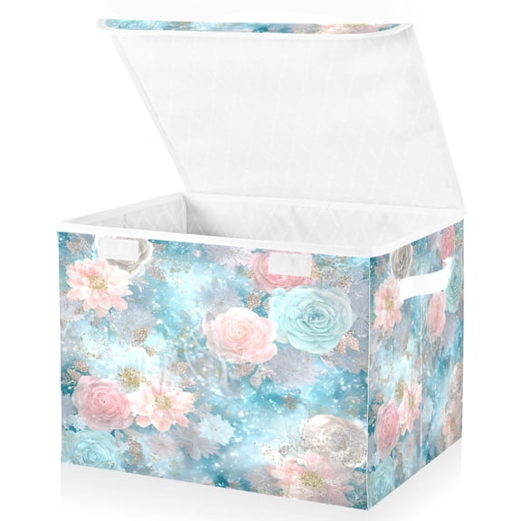 BZSMCE Storage Bin Cube Organizer Basket with Flip-Top Lid Pastel Floral Printed