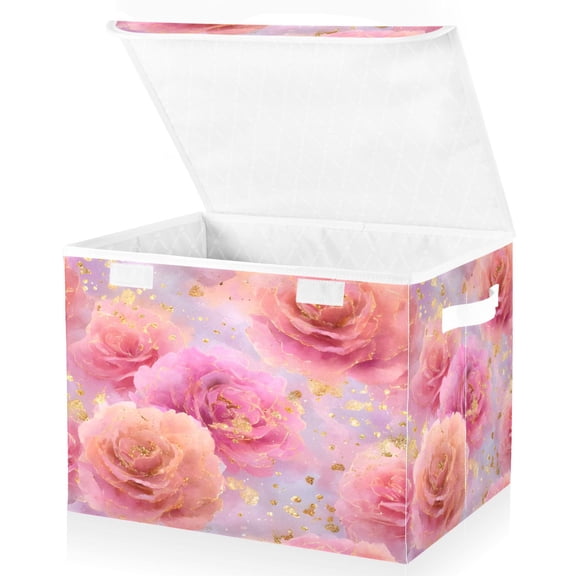BZSMCE Storage Bin Cube Organizer Basket with Flip-Top Lid Pastel Rose Printed