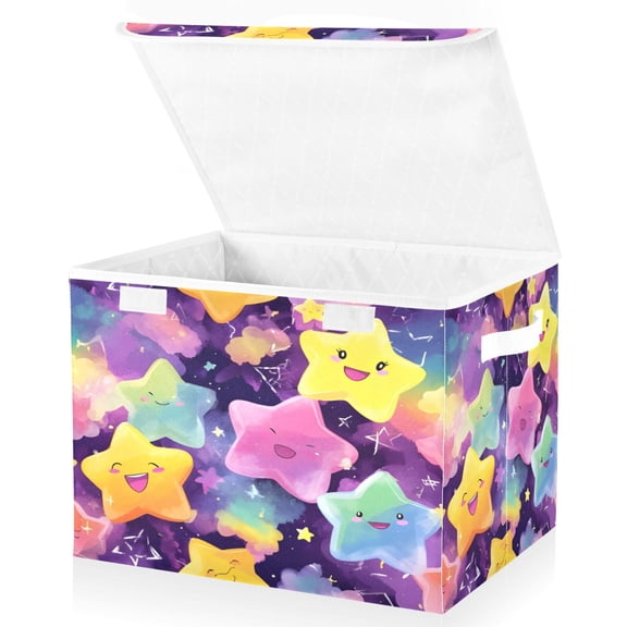 BZSMCE Storage Bin Cube Organizer Basket with Flip-Top Lid Pastel Smile Stars Printed