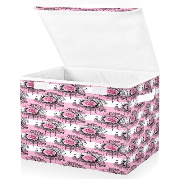 BZSMCE Storage Bin Cube Organizer Basket with Flip-Top Lid Pink Floral Lattice Printed