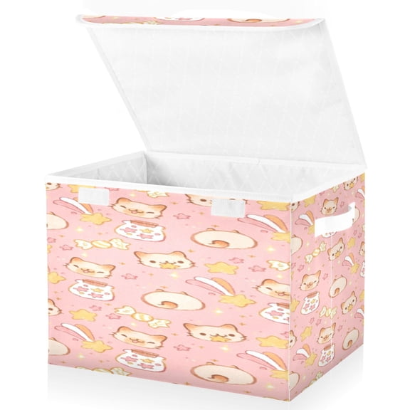 BZSMCE Storage Bin Cube Organizer Basket with Flip-Top Lid Pink Kitty Cartoon Delight Printed