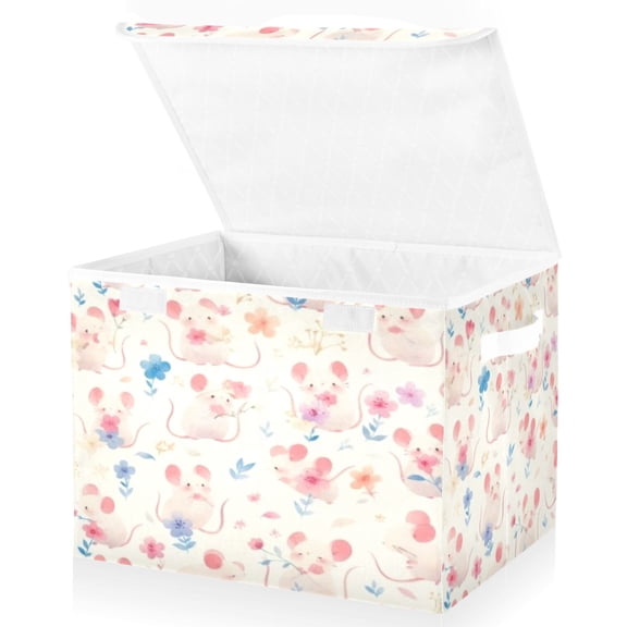 BZSMCE Storage Bin Cube Organizer Basket with Flip-Top Lid Pink Mouse Printed