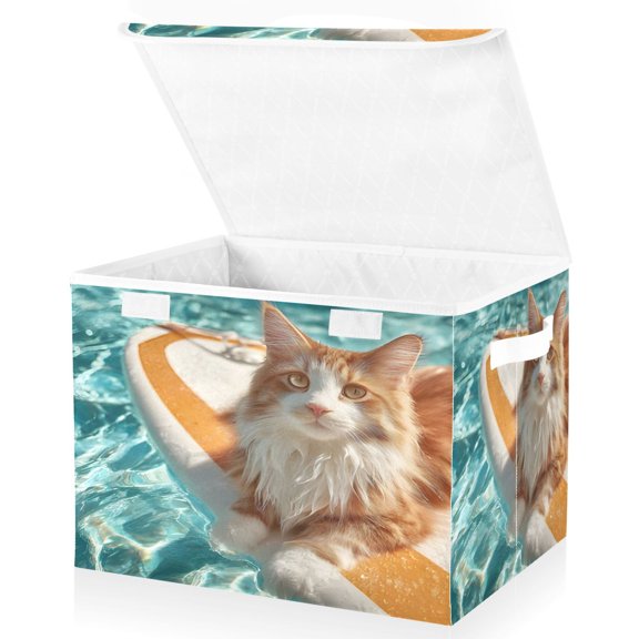 BZSMCE Storage Bin Cube Organizer Basket with Flip-Top Lid Pool Surfing Cat Printed