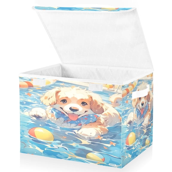 BZSMCE Storage Bin Cube Organizer Basket with Flip-Top Lid Puppy Pool Printed