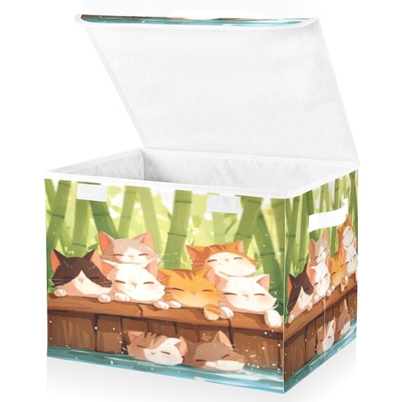 BZSMCE Storage Bin Cube Organizer Basket with Flip-Top Lid Sleepy Bamboo Cats Pile Printed