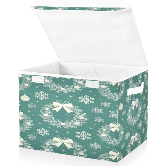 BZSMCE Storage Bin Cube Organizer Basket with Flip-Top Lid Snowflakes and Wreaths Teal Printed