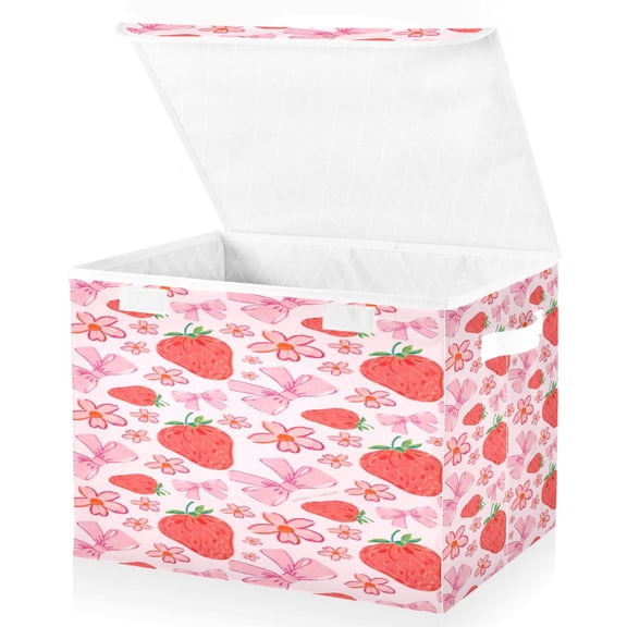 BZSMCE Storage Bin Cube Organizer Basket with Flip-Top Lid Strawberry Blush Fiesta Printed