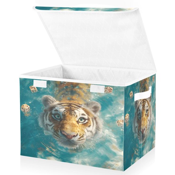 BZSMCE Storage Bin Cube Organizer Basket with Flip-Top Lid Swimming Tiger Printed