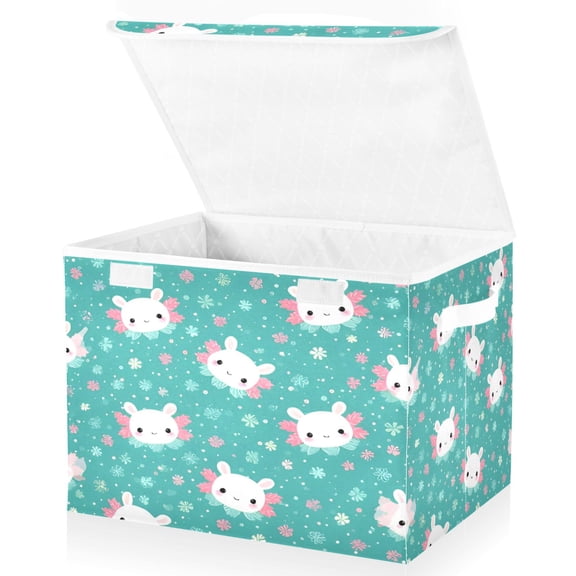BZSMCE Storage Bin Cube Organizer Basket with Flip-Top Lid Teal Bunny Cute Printed