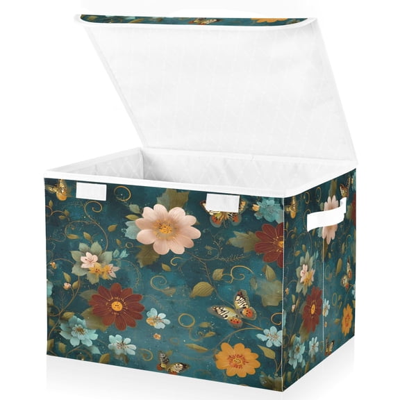 BZSMCE Storage Bin Cube Organizer Basket with Flip-Top Lid Teal Floral-butterfly Printed