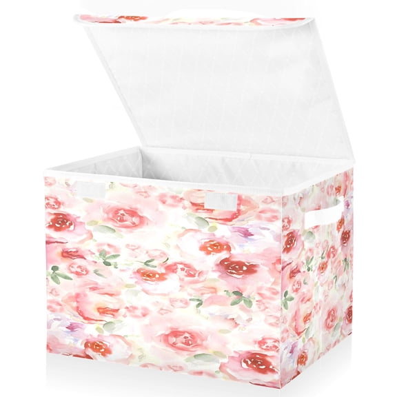 BZSMCE Storage Bin Cube Organizer Basket with Flip-Top Lid Watercolor Blush Garden Printed