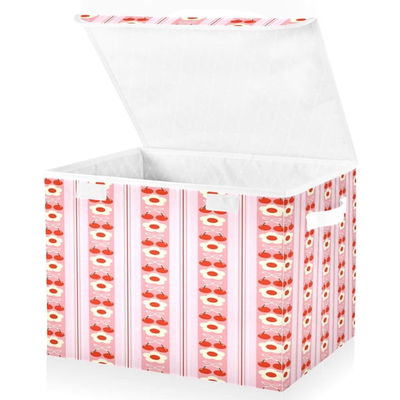 BZSMCE Storage Bin Cube Organizer Basket with Flip-Top Lid White Stripe Daisy Printed