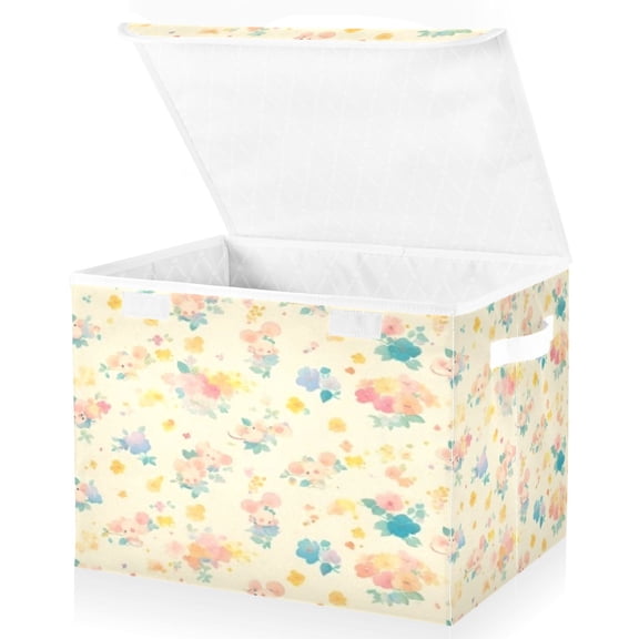 BZSMCE Storage Bin Cube Organizer Basket with Flip-Top Lid Yellow Bear Floral Printed
