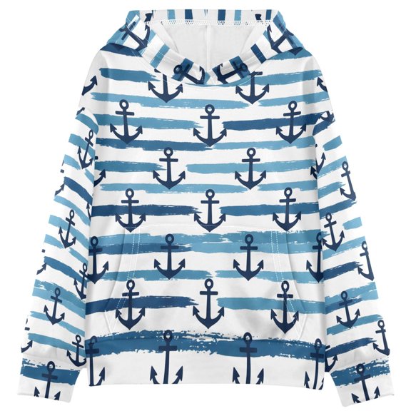 BZSMCE Striped Anchor Pattern Print Hoodie Casual Pullover Sweatshirt With Kangaroo Pocket