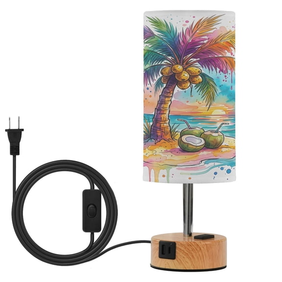 BZSMCE Summer Coconut Trees Printed 3 Color Touch Control Table Lamp Linen Shade LED Nightstand Lamp with Wood Grain BaseUS Standard Power Cord