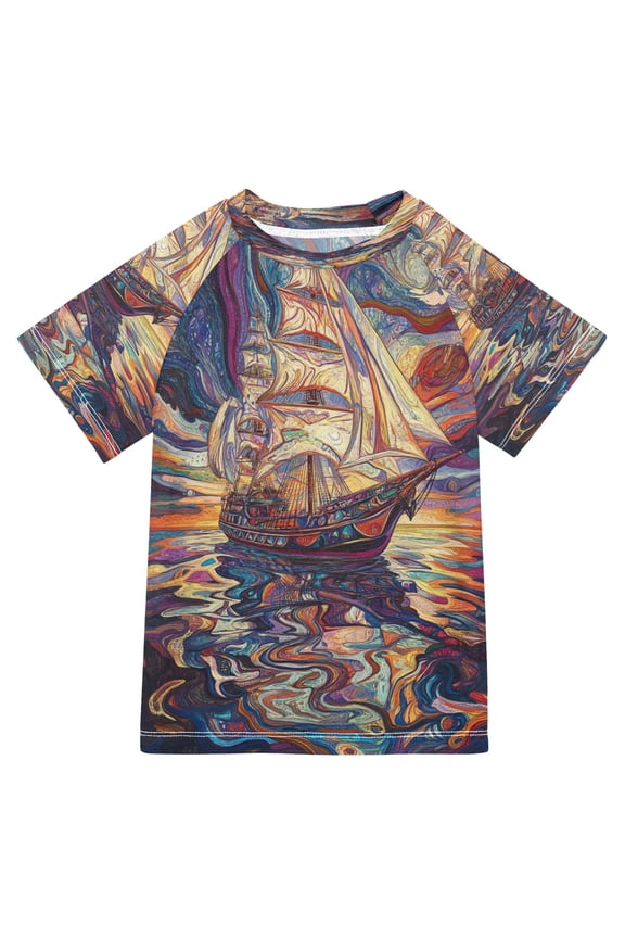 Summer T-shirt Sunscreen Abstract Ship Pattern Swim Tops