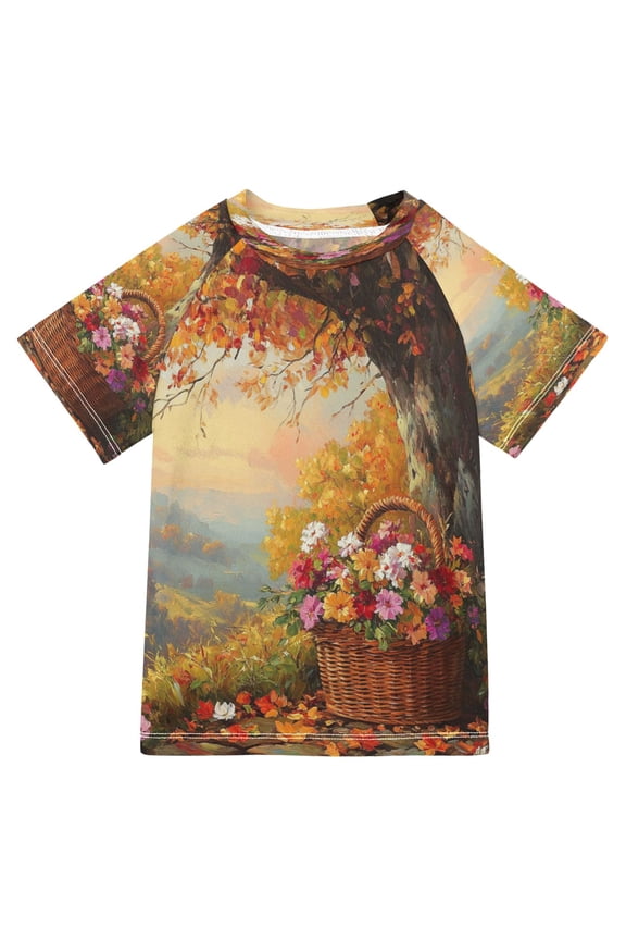 Summer T-shirt Sunscreen Basket Of Flower by Tree Pattern Swim Tops