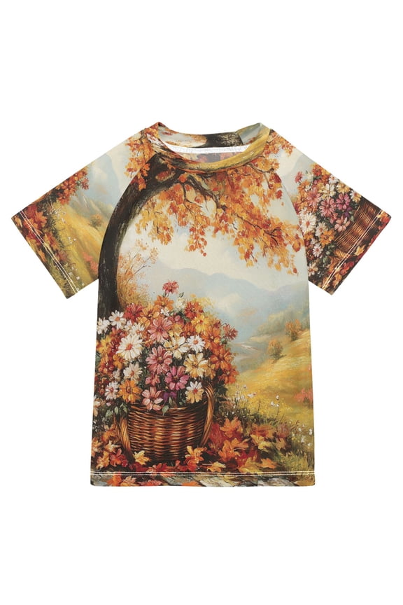 Summer T-shirt Sunscreen Basket Of Flowers under Tree Pattern Swim Tops