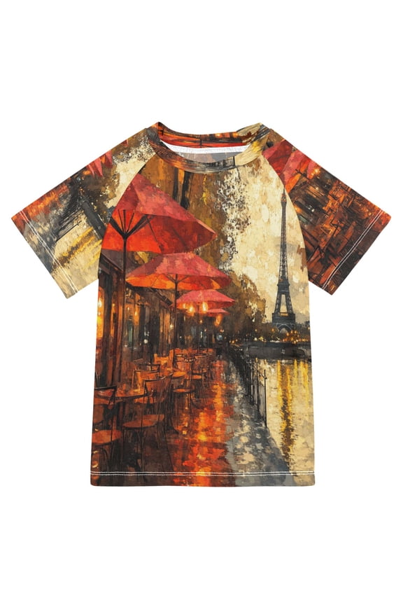 Summer T-shirt Sunscreen Cafe by Tower Evening Scene Pattern Swim Tops