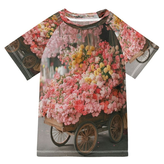 BZSMCE Summer T-shirt Sunscreen Cart Filled with Colorful Flowers Pattern Swim Tops