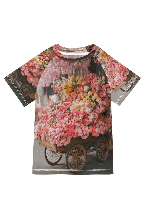 Summer T-shirt Sunscreen Cart Filled with Colorful Flowers Pattern Swim Tops