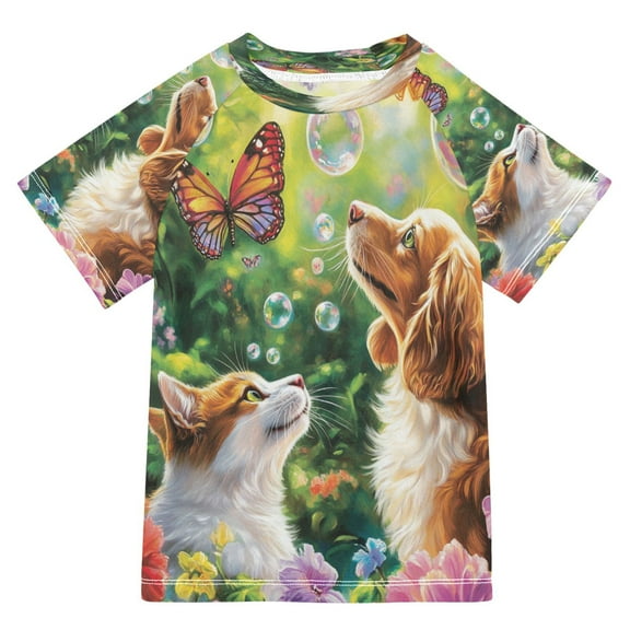 BZSMCE Summer T-shirt Sunscreen Cat and Dog with Butterflies Pattern Swim Tops