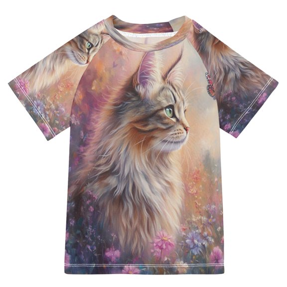 BZSMCE Summer T-shirt Sunscreen Cat in A Flower Field Pattern Swim Tops