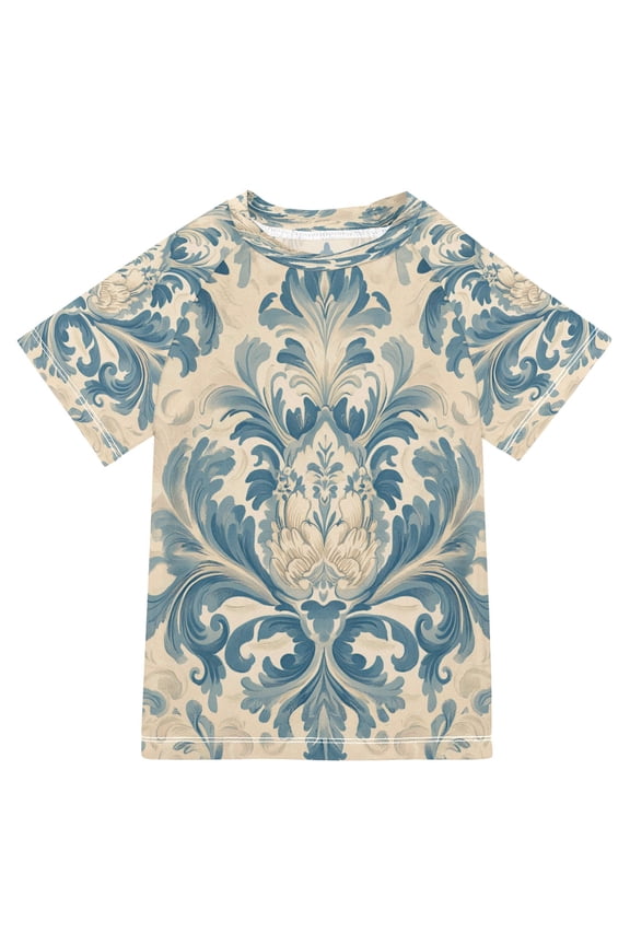 Summer T-shirt Sunscreen Classic Indigo Scroll Patter Pattern Swim Tops