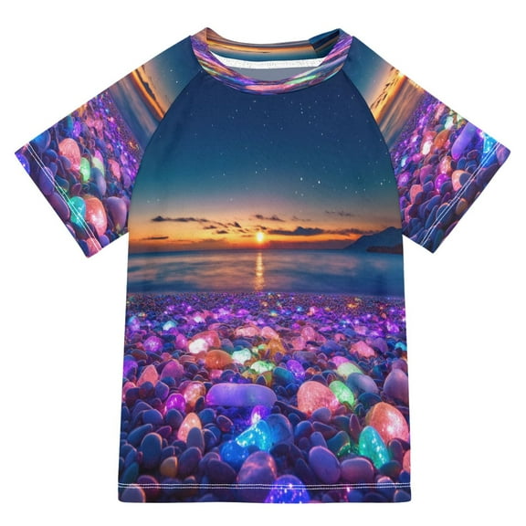BZSMCE Summer T-shirt Sunscreen Colorful Beach with Glowing Pebbles Pattern Swim Tops