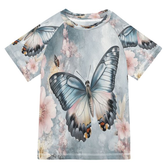 BZSMCE Summer T-shirt Sunscreen Colorful Butterflies and Flowers Pattern Swim Tops