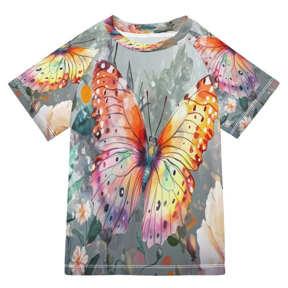 BZSMCE Summer T-shirt Sunscreen Colorful Butterfly and Flowers Pattern Swim Tops