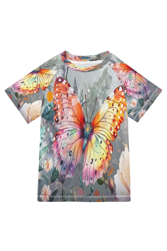 Summer T-shirt Sunscreen Colorful Butterfly and Flowers Pattern Swim Tops