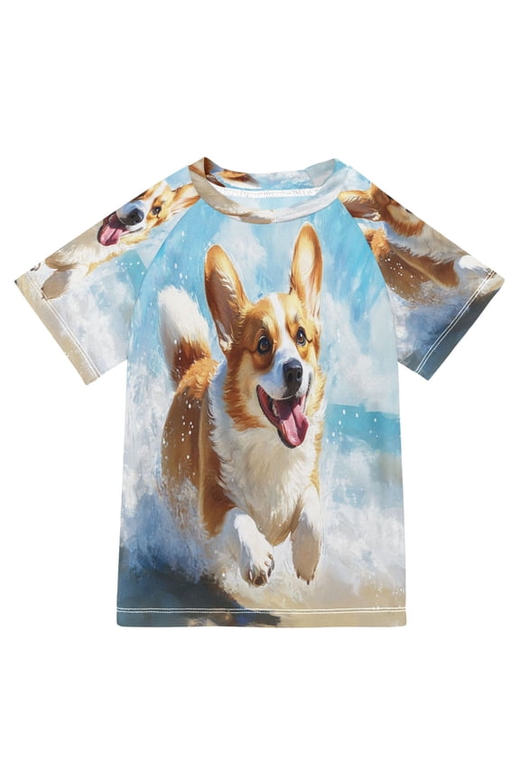 Summer T-shirt Sunscreen Corgi Play on The Beach Pattern Swim Tops