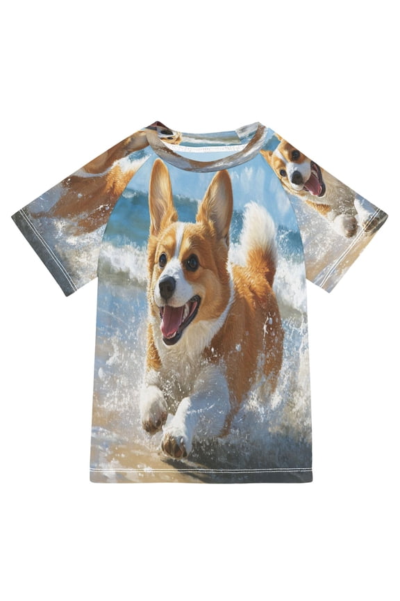 Summer T-shirt Sunscreen Corgi Running on Beach Pattern Swim Tops