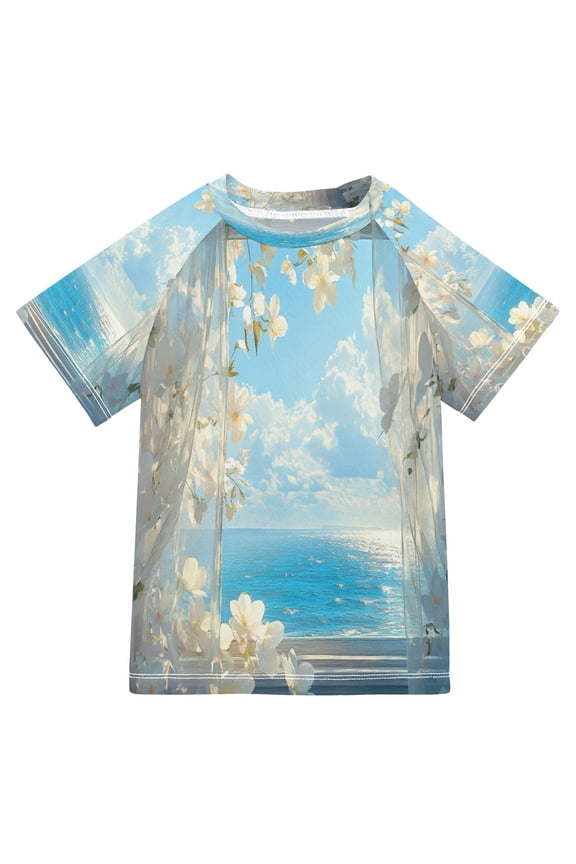 Summer T-shirt Sunscreen Curtains Flowers Ocean View Pattern Swim Tops
