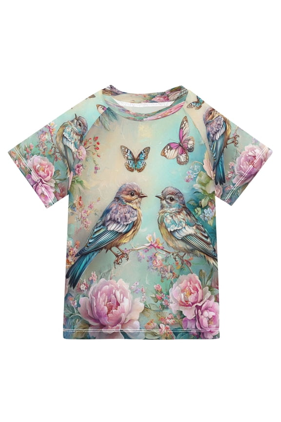 Summer T-shirt Sunscreen Cute Birds Butterflies Flowers Pattern Swim Tops