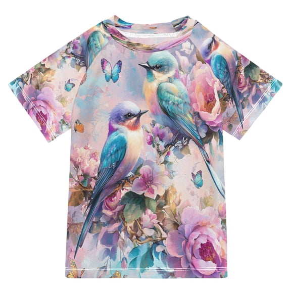 BZSMCE Summer T-shirt Sunscreen Cute Birds and Flowers Artwork Pattern Swim Tops