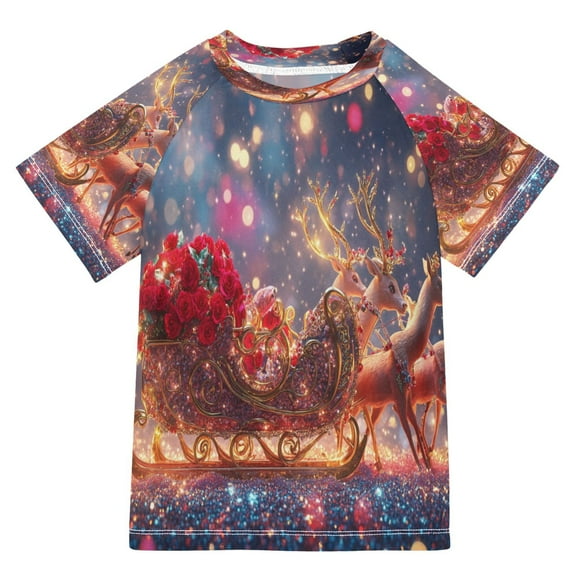 BZSMCE Summer T-shirt Sunscreen Decorative Sleigh with Reindeer Pattern Swim Tops