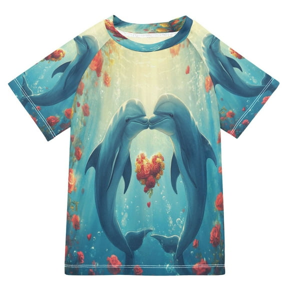 BZSMCE Summer T-shirt Sunscreen Dolphins Roses Heart Pattern Swim Tops