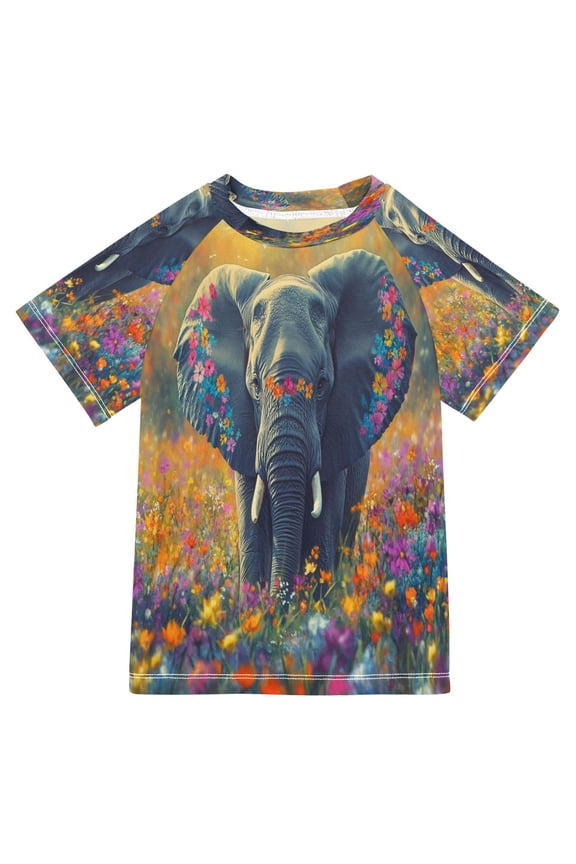 Summer T-shirt Sunscreen Elephant in Colorful Flower Field Pattern Swim Tops