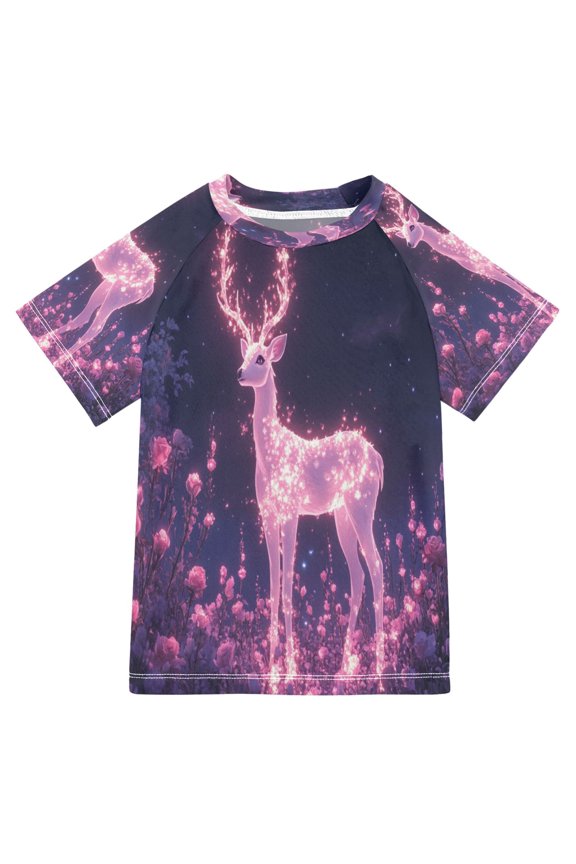 Summer T-shirt Sunscreen Glowing Deer in Magical Forest Pattern Swim Tops