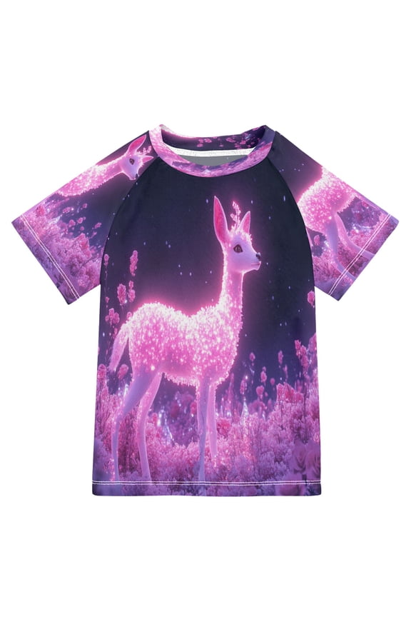 Summer T-shirt Sunscreen Glowing Deer in Pink Forest Pattern Swim Tops
