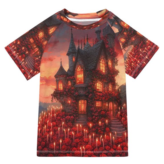 BZSMCE Summer T-shirt Sunscreen Gothic House with Roses Candles Pattern Swim Tops