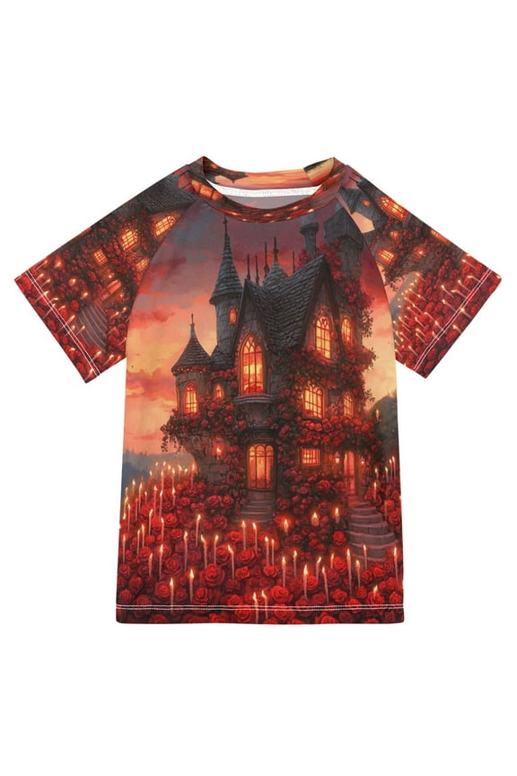 Summer T-shirt Sunscreen Gothic House with Roses Candles Pattern Swim Tops