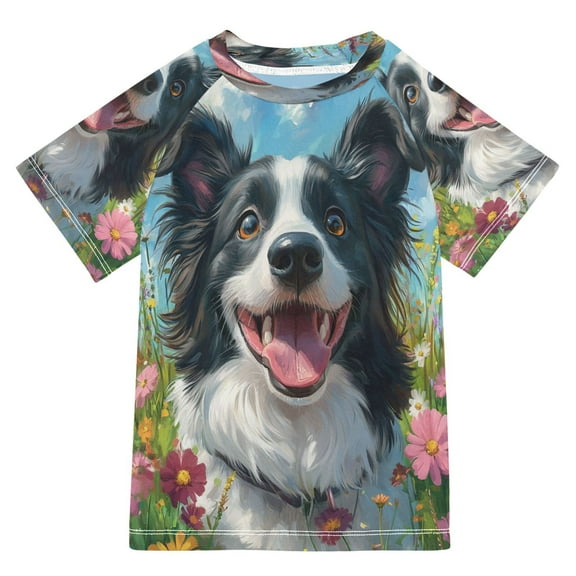 BZSMCE Summer T-shirt Sunscreen Happy Dog Among Blooms Pattern Swim Tops