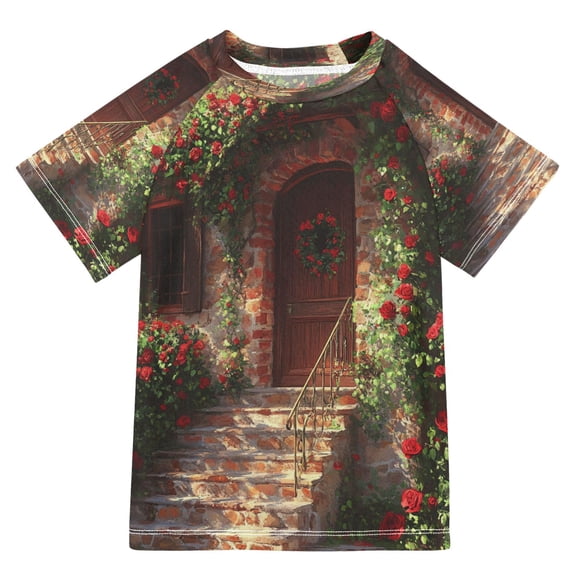 BZSMCE Summer T-shirt Sunscreen House Covered with Roses Pattern Swim Tops