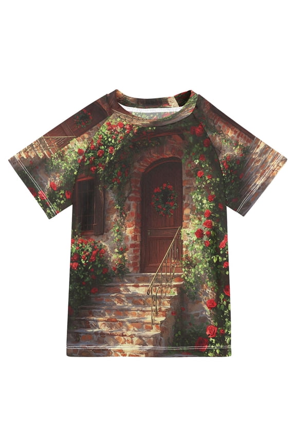 Summer T-shirt Sunscreen House Covered with Roses Pattern Swim Tops