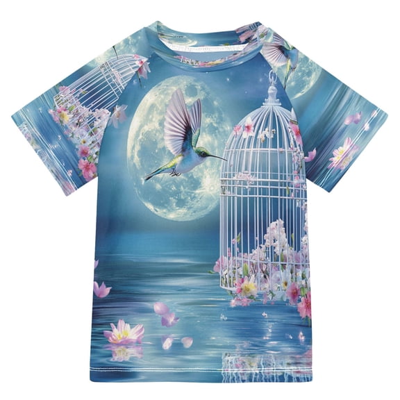 BZSMCE Summer T-shirt Sunscreen Hummingbird Cage Flowers Moonlit Scene Pattern Swim Tops